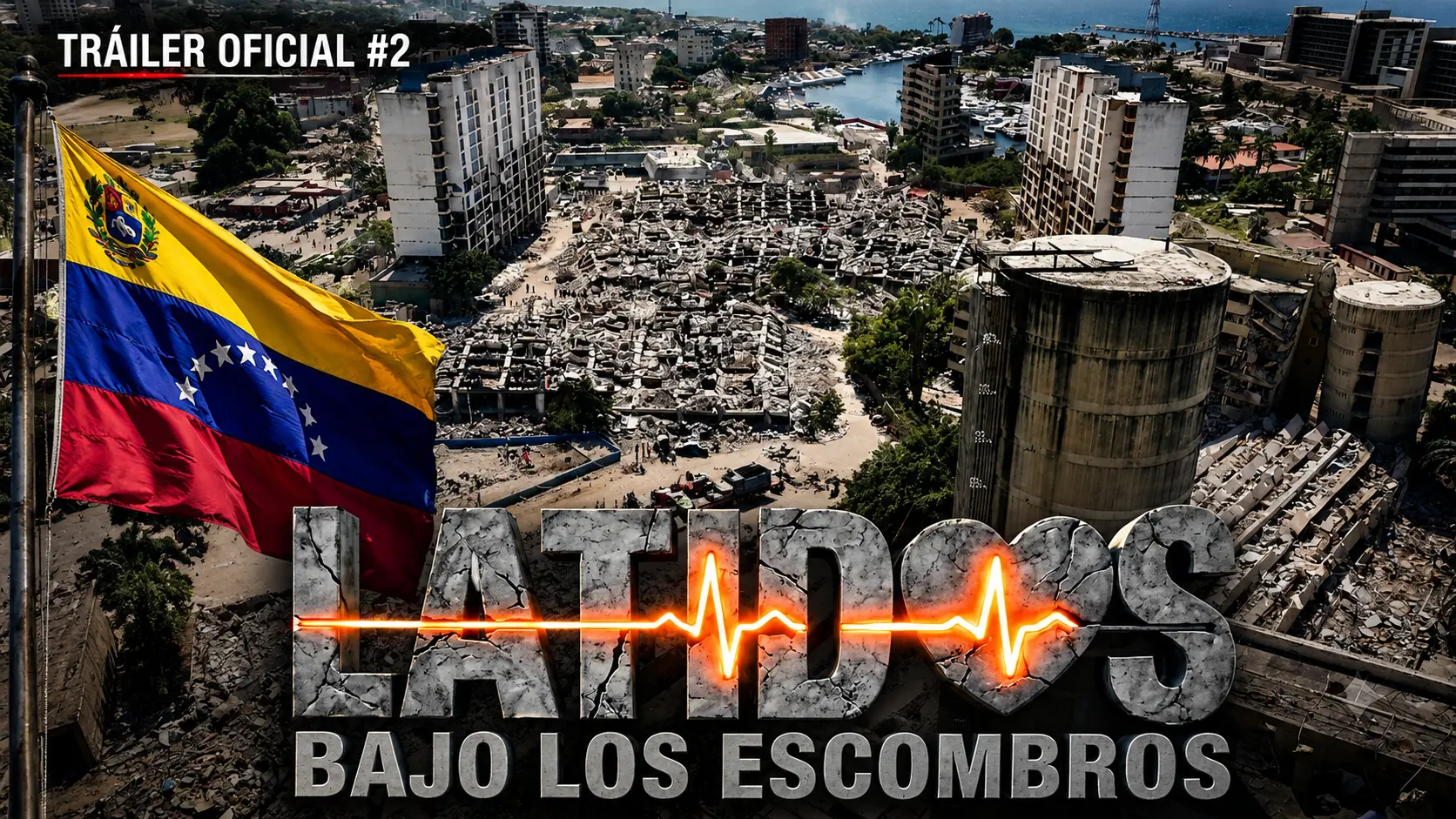 Vista aérea de la ciudad en ruinas con la bandera de Venezuela y el título del documental