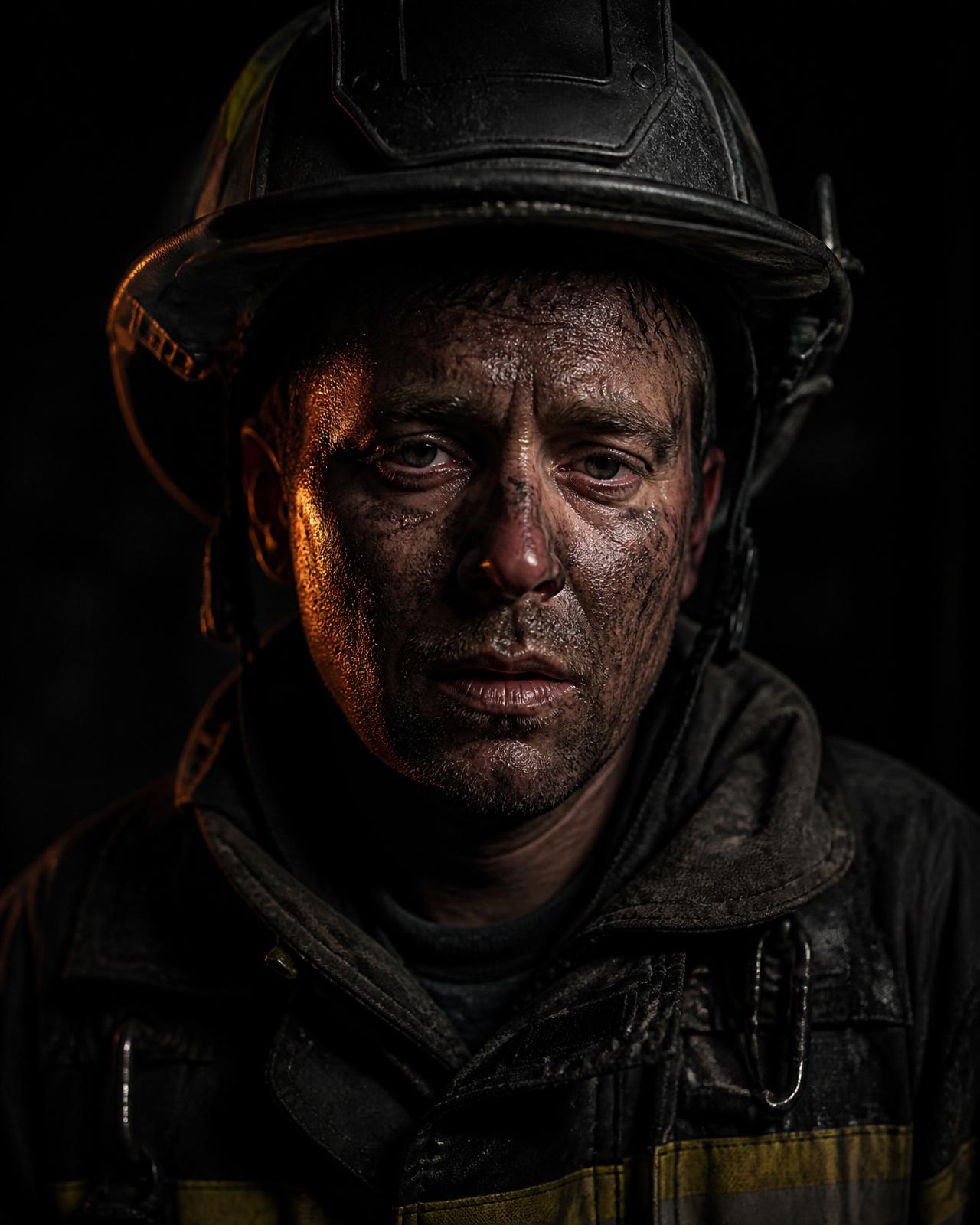 Retrato de un rescatista cubierto de polvo tras una jornada de búsqueda